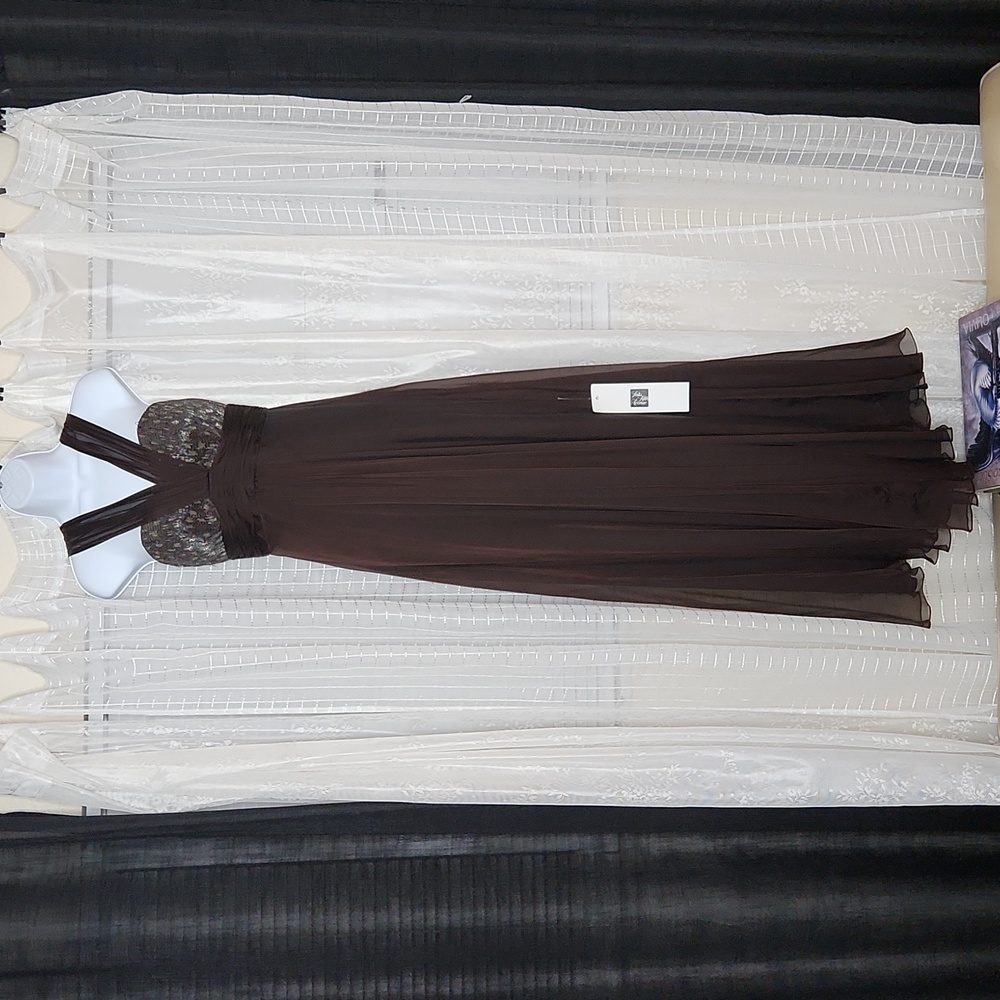 NWT Theia Couture Beaded Chocolate Brown Silk Chiffon Strapless Formal Dress Sz4